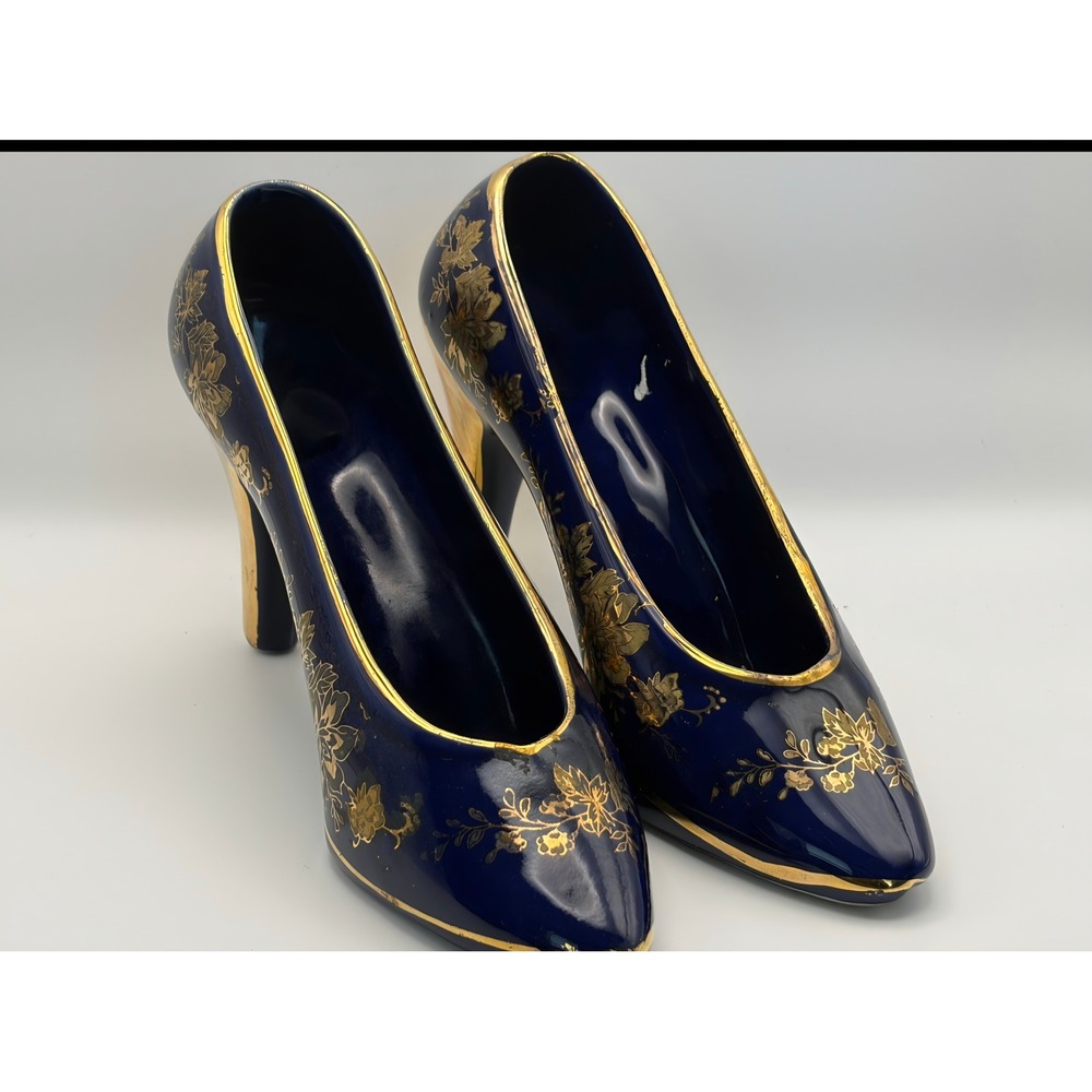 Vintage Onur Porselen Cobalt Blue Gold Floral Porcelain High Heel Shoe Figurines